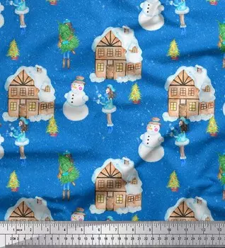 Синяя японская креп-атласная ткань Soimoi, снеговик, дом и елка, рождественская ткань с принтом на метр, 42 дюйма 42 Inch Wide - Poly Crepe фиолетовый