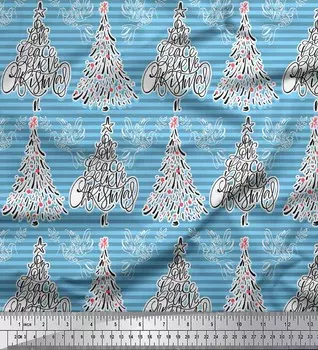 Синяя японская креп-атласная ткань Soimoi в полоску, с изображением птиц и деревьев, рождественская ткань с принтом по метрам, 42 дюйма 42 Inch Wide - Poly Crepe синий