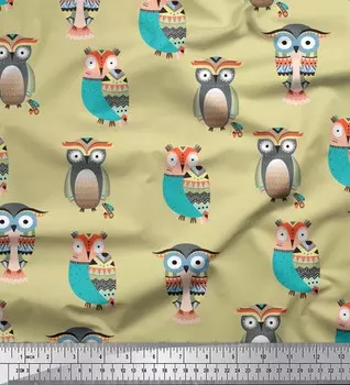 Синяя японская креп-сатиновая ткань Soimoi, этническая ткань с принтом в виде совы, 42 дюйма по метрам 56 Inch Wide - Cotton Voile бежевый