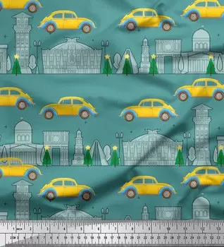 Синяя японская креп-сатиновая ткань Soimoi, автомобиль и памятники эскизов, архитектурная ткань с принтом на метр, 42 дюйма 42 Inch Wide - Poly Crepe синий