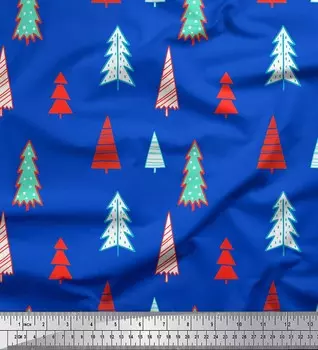Синяя японская креп-сатиновая ткань Soimoi Blue с принтом в виде рождественской елки, 1 метр, 42 дюйма 42 Inch Wide - Cotton Voile синий