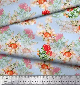 Синяя японская креп-сатиновая ткань Soimoi Blue с цветочным принтом томатов и пионов, 42 дюйма по метрам 42 Inch Wide - Cotton Voile синий