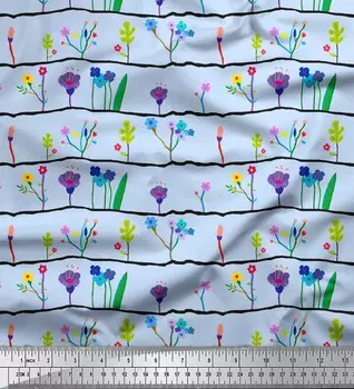 Синяя японская креп-сатиновая ткань Soimoi Blue с художественным принтом в виде листьев и цветочного принта, 42 дюйма по метрам 42 Inch Wide - Poly Crepe синий