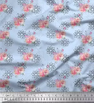 Синяя японская креп-сатиновая ткань Soimoi Blue с лютиками и геометрическим принтом, 42 дюйма по метрам 42 Inch Wide - Poly Crepe жёлтый