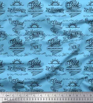 Синяя японская креп-сатиновая ткань Soimoi Blue с принтом на ткани с изображением солнца и текста, 42 дюйма по метрам 42 Inch Wide - Poly Crepe синий