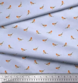 Синяя японская креп-сатиновая ткань Soimoi Blue с принтом птицы Робин, 42 дюйма на метр 42 Inch Wide - Poly Crepe синий