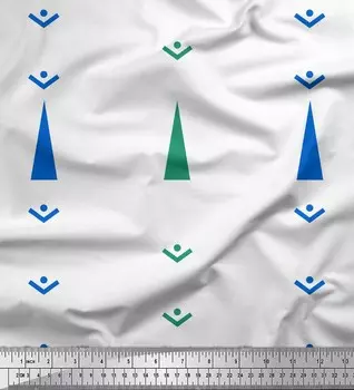 Синяя японская креп-сатиновая ткань Soimoi Blue Butidar Jamdani с принтом на метр 42 дюйма 42 Inch Wide - Poly Crepe жёлтый