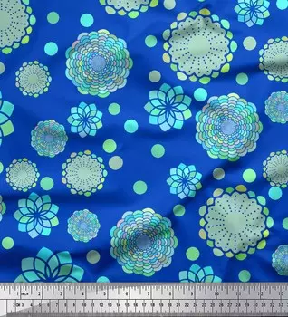 Синяя японская креп-сатиновая ткань Soimoi Blue с художественным цветочным и геометрическим принтом, 42 дюйма по метрам 42 Inch Wide - Poly Crepe синий