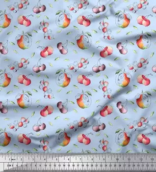 Синяя японская креп-сатиновая ткань Soimoi Blue с принтом листьев и ягод и фруктов, 42 дюйма по метрам 42 Inch Wide - Cotton Voile синий