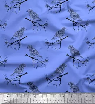Синяя японская креп-сатиновая ткань Soimoi Blue с принтом ветвей и птиц, 1 метр, 42 дюйма 42 Inch Wide - Poly Crepe синий