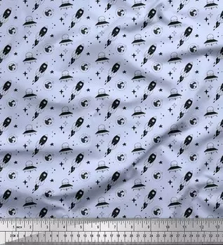 Синяя японская креп-сатиновая ткань Soimoi Blue с принтом «Ракета и космический корабль Галактика» по метрам, 42 дюйма 42 Inch Wide - Poly Crepe синий