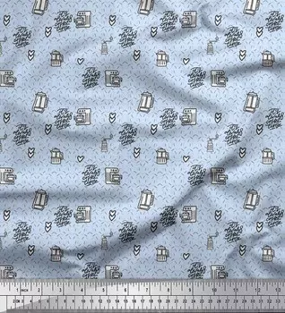 Синяя японская креп-сатиновая ткань Soimoi Blue It s Always Coffee Time с текстовым принтом, 42 дюйма по метрам 42 Inch Wide - Poly Crepe зелёный