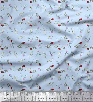 Синяя японская креп-сатиновая ткань Soimoi Blue в горошек и бутоны с цветочным принтом, 42 дюйма по метрам 42 Inch Wide - Cotton Voile синий