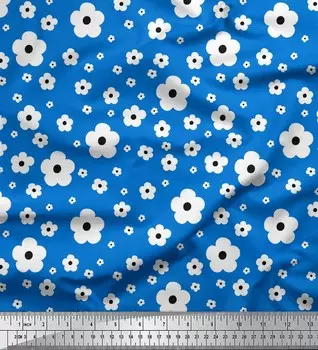 Синяя японская креп-сатиновая ткань Soimoi Blue с художественным цветочным принтом, 1 метр, 42 дюйма 42 Inch Wide - Poly Crepe зелёный