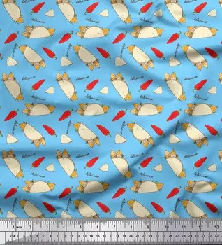 Синяя японская креп-сатиновая ткань Soimoi, красный перец чили и тако, ткань с пищевым принтом, 42 дюйма по метрам 42 Inch Wide - Poly Crepe синий