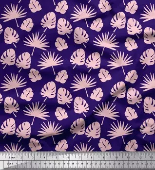 Синяя японская креп-сатиновая ткань Soimoi Livistona Rotundifolia & Monstera с принтом листьев и листьев, ткань на метр, 42 дюйма 42 Inch Wide - Poly Crepe зелёный