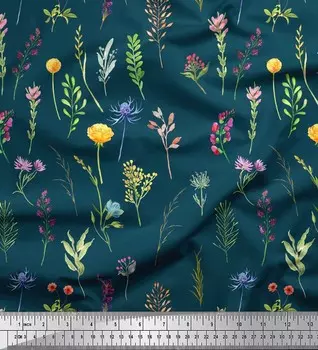 Синяя японская креп-сатиновая ткань Soimoi с изображением лютика и листьев душистого гороха, 42 дюйма на метр 42 Inch Wide - Poly Crepe синий