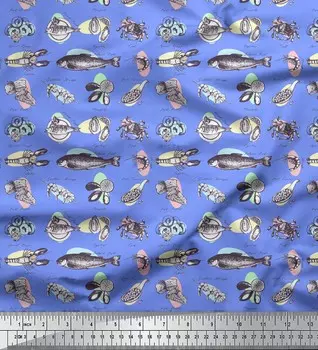 Синяя японская креп-сатиновая ткань Soimoi с текстом и морепродуктами, кухонный декор, ткань с принтом, 42 дюйма 42 Inch Wide - Poly Crepe зелёный