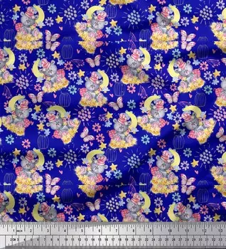 Синяя японская креп-сатиновая ткань Soimoi с принтом бабочки и плюшевого мишки, детская ткань по метрам, 42 дюйма 42 Inch Wide - Cotton Voile синий