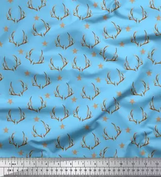 Синяя японская креп-сатиновая ткань Soimoi с принтом в виде рогов и звезд, 42 дюйма по метрам 42 Inch Wide - Poly Crepe синий