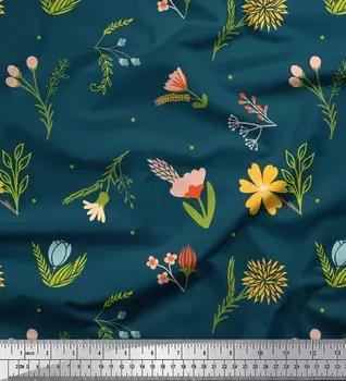 Синяя японская креп-сатиновая ткань Soimoi с художественным принтом в виде листьев и цветочного принта по метрам 42 дюйма 42 Inch Wide - Cotton Voile синий