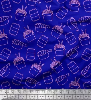 Синяя японская креп-сатиновая ткань Soimoi, с принтом в виде рыбы и лапши, с пищевым принтом, 42 дюйма по метрам 42 Inch Wide - Poly Crepe синий