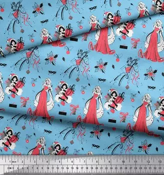 Синяя японская креп-сатиновая ткань Soimoi с листьями остролиста, подарочная коробка и покупательница, женская модная ткань с принтом на метр, 42 дюйма 42 Inch Wide - Poly Crepe синий