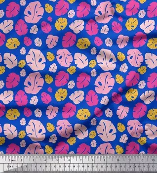 Синяя японская креп-сатиновая ткань Soimoi с принтом листьев монстеры, 42 дюйма по метрам 42 Inch Wide - Cotton Voile синий