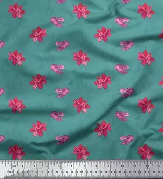 Синяя японская креп-сатиновая ткань Soimoi с цветочным принтом листьев и лилий, 42 дюйма на метр 42 Inch Wide - Poly Crepe синий