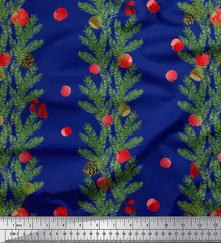 Синяя японская креп-сатиновая ткань Soimoi с принтом вишни и сосновых листьев, 42 дюйма по метрам 42 Inch Wide - Poly Crepe синий