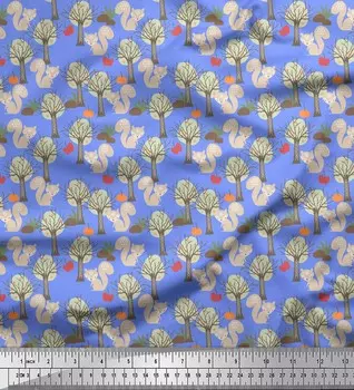 Синяя японская креп-сатиновая ткань Soimoi с принтом белок и сухого дерева, 1 метр 42 дюйма 42 Inch Wide - Poly Crepe синий