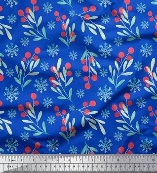 Синяя японская креп-сатиновая ткань Soimoi с принтом снежинок и красных ягод и фруктов, 42 дюйма в ярдах 42 Inch Wide - Poly Crepe синий