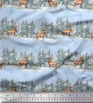 Синяя японская креп-сатиновая ткань Soimoi с принтом оленей и снежинок, дерево, 42 дюйма по метрам 42 Inch Wide - Poly Crepe синий