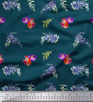Синяя японская креп-сатиновая ткань Soimoi с акварельным принтом цветов и листьев, 42 дюйма по метрам 42 Inch Wide - Cotton Voile синий