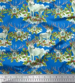 Синяя японская креп-сатиновая ткань Soimoi с красными ягодами | Ткань с принтом «Листья падуба и олени» в ярдах, 42 дюйма 42 Inch Wide - Cotton Voile чёрный