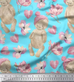 Синяя японская креп-сатиновая ткань Soimoi с цветочным принтом оленя и магнолии по метрам 42 дюйма 42 Inch Wide - Poly Crepe синий