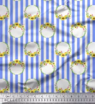 Синяя японская креп-сатиновая ткань Soimoi с принтом венок и полосок, 42 дюйма по метрам 42 Inch Wide - Poly Crepe синий