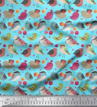 Синяя японская креп-сатиновая ткань Soimoi с цветочным принтом и птицами, декоративная ткань с принтом, 42 дюйма 42 Inch Wide - Poly Crepe синий