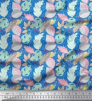 Синяя японская креп-сатиновая ткань Soimoi с принтом листьев дуба и бука, 42 дюйма по метрам 42 Inch Wide - Poly Crepe синий