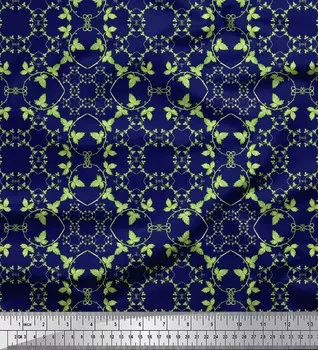 Синяя японская креп-сатиновая ткань Soimoi с дамасским принтом и листьями, 42 дюйма на метр 42 Inch Wide - Japan Crepe Satin синий