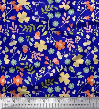 Синяя японская креп-сатиновая ткань Soimoi с цветочным принтом и листьями, 42 дюйма по метрам 42 Inch Wide - Poly Crepe синий