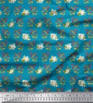 Синяя японская креп-сатиновая ткань Soimoi с красными ягодами и поло с цветочным принтом роз, 42 дюйма на метр 42 Inch Wide - Poly Crepe синий
