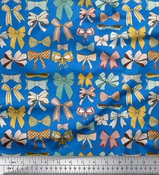 Синяя японская креп-сатиновая ткань Soimoi с принтом в несколько бантов и точек, 42 дюйма по метрам 42 Inch Wide - Poly Crepe синий