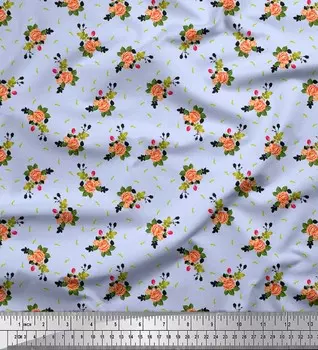 Синяя японская креп-сатиновая ткань Soimoi с листьями и розами Grandiflora, цветочный декор, ткань с принтом, 42 дюйма 42 Inch Wide - Japan Crepe Satin синий