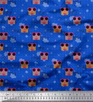 Синяя японская креп-сатиновая ткань Soimoi с музыкальными нотами | Модная ткань в горошек и очки с принтом на метр, 42 дюйма 42 Inch Wide - Japan Crepe Satin синий