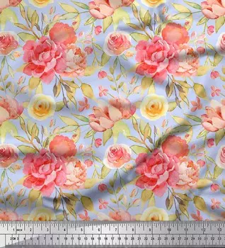 Синяя японская креп-сатиновая ткань Soimoi с цветочным принтом листьев и пионов, 42 дюйма по метрам 42 Inch Wide - Cotton Voile синий