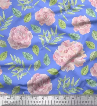Синяя японская креп-сатиновая ткань Soimoi с листьями пекана и камелией японской с цветочным принтом, 42 дюйма по метрам 42 Inch Wide - Poly Crepe синий