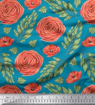 Синяя японская креп-сатиновая ткань Soimoi с лавровыми листьями и камелиями, цветочный принт, 42 дюйма по метрам 42 Inch Wide - Poly Crepe фиолетовый