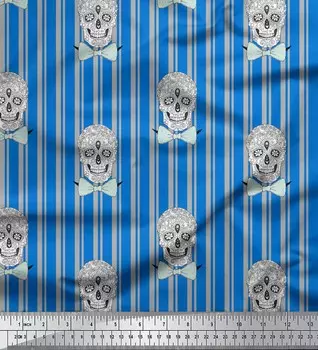 Синяя японская креп-сатиновая ткань Soimoi с принтом в виде бантов и художественных полосок черепа, ткань для рукоделия шириной 42 дюйма по метрам 42 Inch Wide - Poly Crepe синий