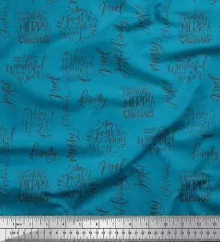 Синяя японская креп-сатиновая ткань Soimoi синего цвета с рождественским текстом и принтом на метр 42 дюйма 42 Inch Wide - Poly Crepe синий